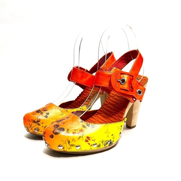 Vintage Y2K orange and yellow floral leather strappy heeled wooden clogs - Picture 6 of 8